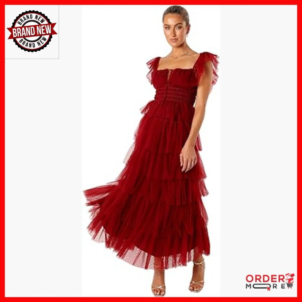 Maxi Dress with Square Neck and Front Cut Out, Formal Tulle Gown